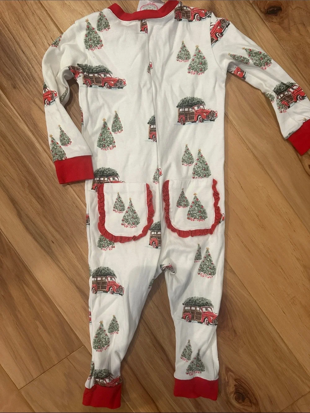 White & Red Vintage Truck Christmas Footed Pajamas by Posh Pickle Company